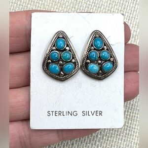 Signed Navajo Native American Sterling Silver Turquoise Cluster Stud Earrings